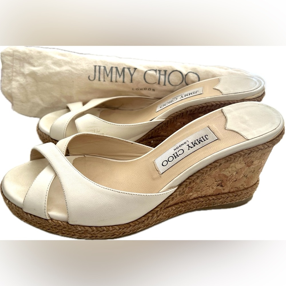 JIMMY CHOO Almer 105 Leather Wedge Mules White/ Cream Size 38.5 EUC